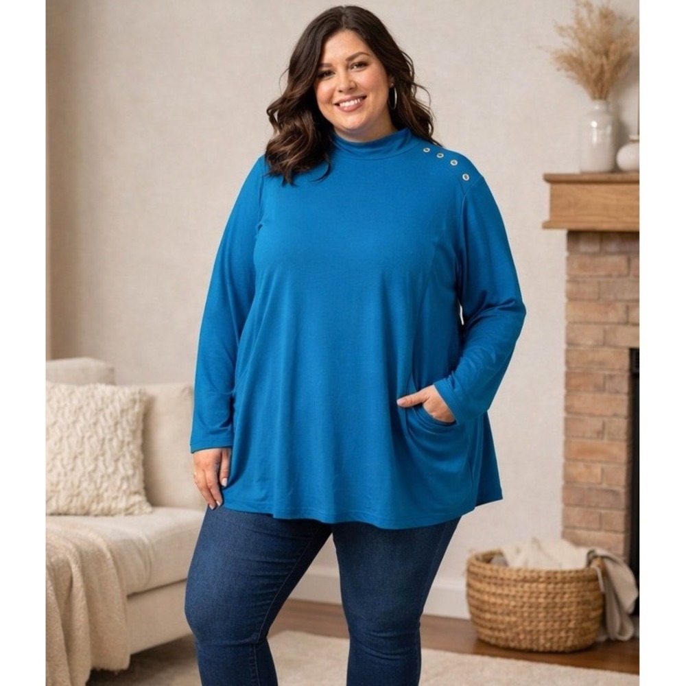 Susan Graver Liquid Knit Mock Neck Tunic Top Womens 2XP Blue Shoulder Buttons